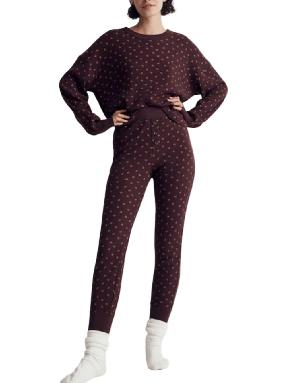 Madewell Plum Thermal Lounge Set with Tiny Pink Dot Print